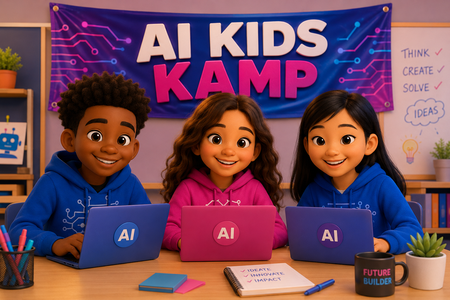 Three kids in AI Kids Kamp hoodies coding on laptops under a bright AI KIDS KAMP banner